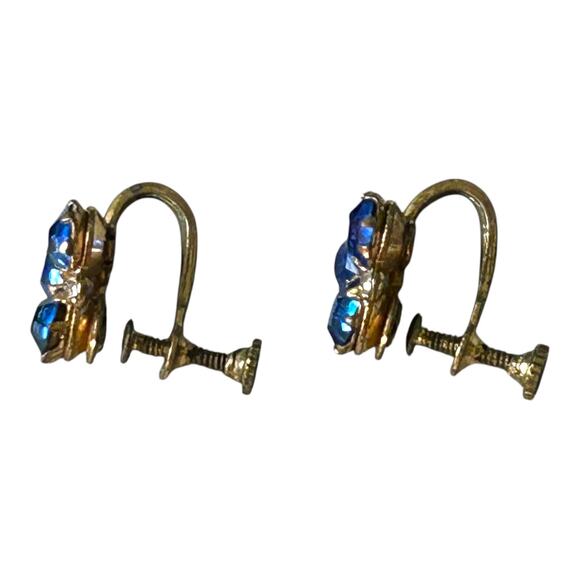 Vintage Coro Blue and Clear Rhinestones Cluster Screw Back Earrings Mid Century - Picture 5 of 6